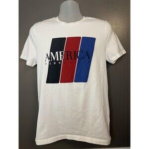 Perry Ellis America Shirt Mens Medium White Graphic Tee 100% Cotton Logo